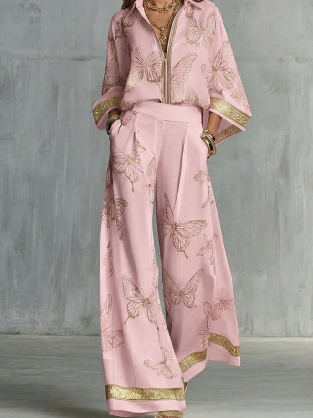 Pink Boho Elegant Women's Print Zip-Up Top & Wide-Leg Pants Set